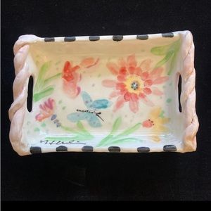Handmade Ceramic Serving Tray w/ Handles Pink Flowers Design 9”x6”x2”